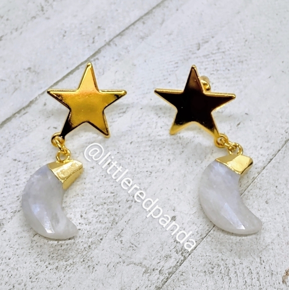 Moonstone star and moon earrings - Picture 3 of 5